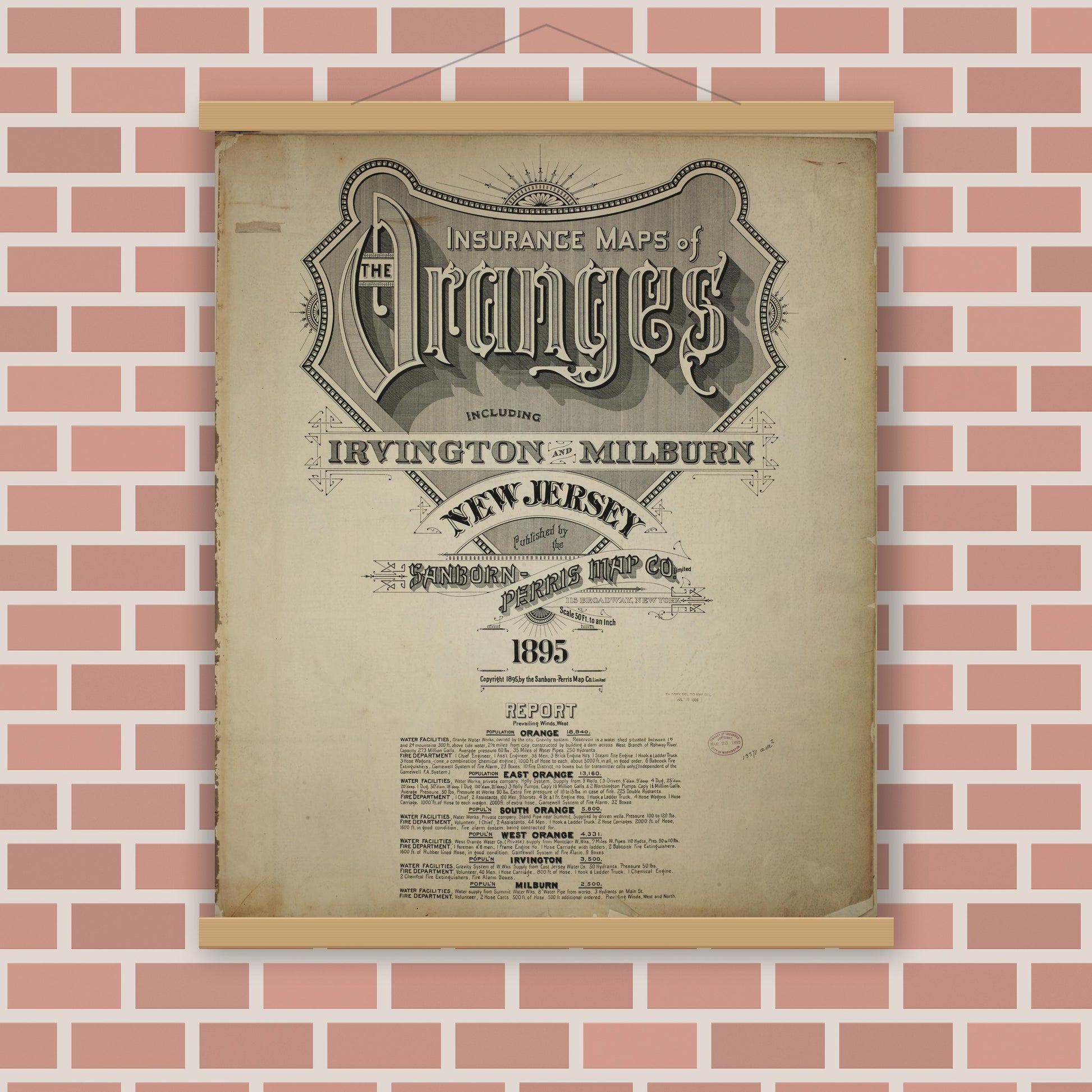 Old map wall art mockup — magnetic wood frame on brick wall — Sanborn Fire Insurance Map from Orange, Essex County, New Jersey (1895), Sheet #0001