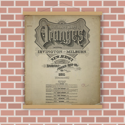 Old map wall art mockup — magnetic wood frame on brick wall — Sanborn Fire Insurance Map from Orange, Essex County, New Jersey (1895), Sheet #0001