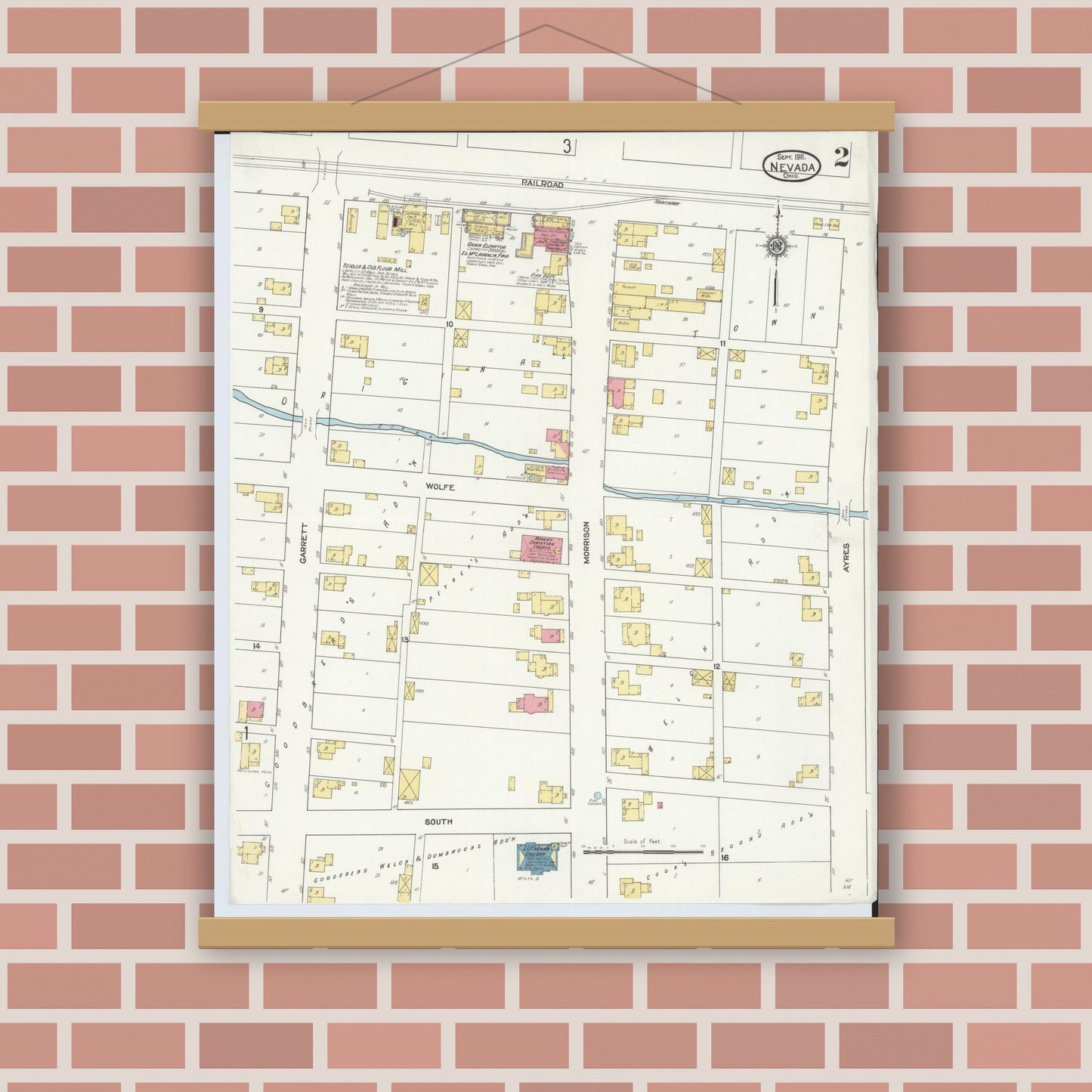 Old map wall art mockup — magnetic wood frame on brick wall — Sanborn Fire Insurance Map from Nevada, Wyandot County, Ohio (1911), Sheet #0002