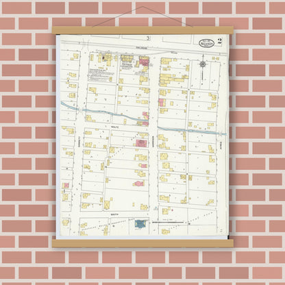 Old map wall art mockup — magnetic wood frame on brick wall — Sanborn Fire Insurance Map from Nevada, Wyandot County, Ohio (1911), Sheet #0002