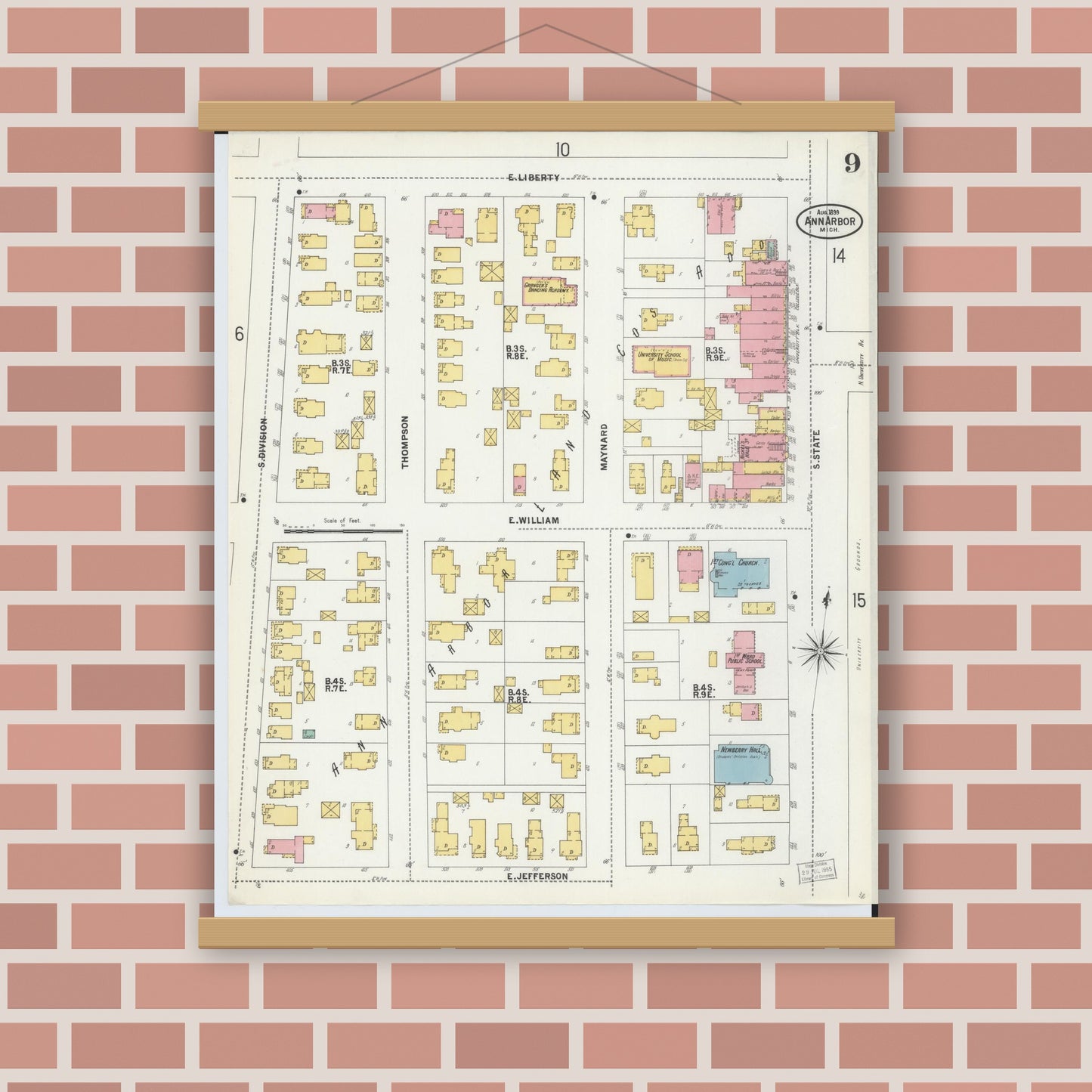 Old map wall art mockup — magnetic wood frame on brick wall — Sanborn Fire Insurance Map from Ann Arbor, Washtenaw County, Michigan (1899), Sheet #0009