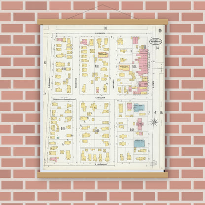 Old map wall art mockup — magnetic wood frame on brick wall — Sanborn Fire Insurance Map from Ann Arbor, Washtenaw County, Michigan (1899), Sheet #0009