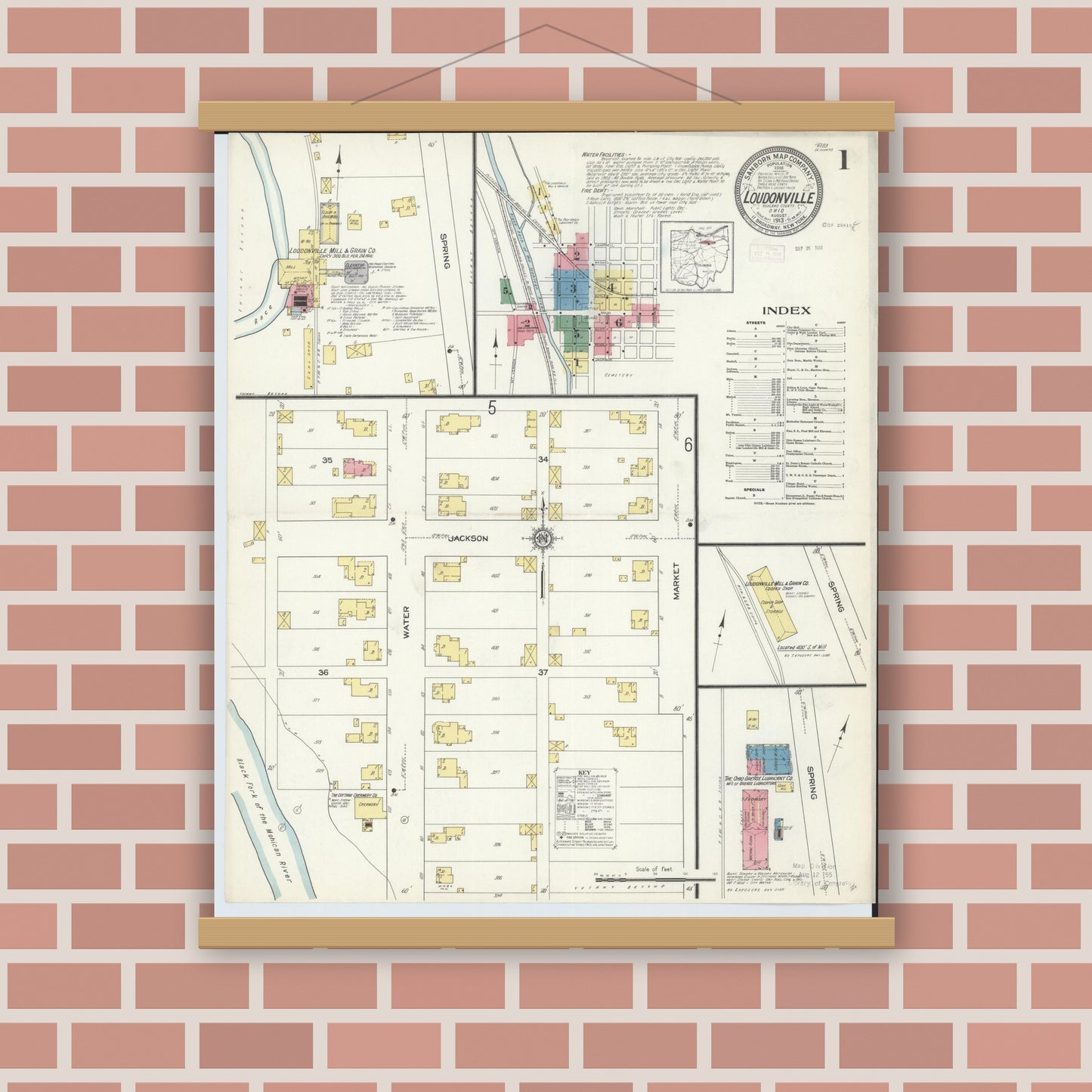 Old map wall art mockup — magnetic wood frame on brick wall — Sanborn Fire Insurance Map from Loudonville, Ashland County, Ohio (1913) - Complete Map Set
