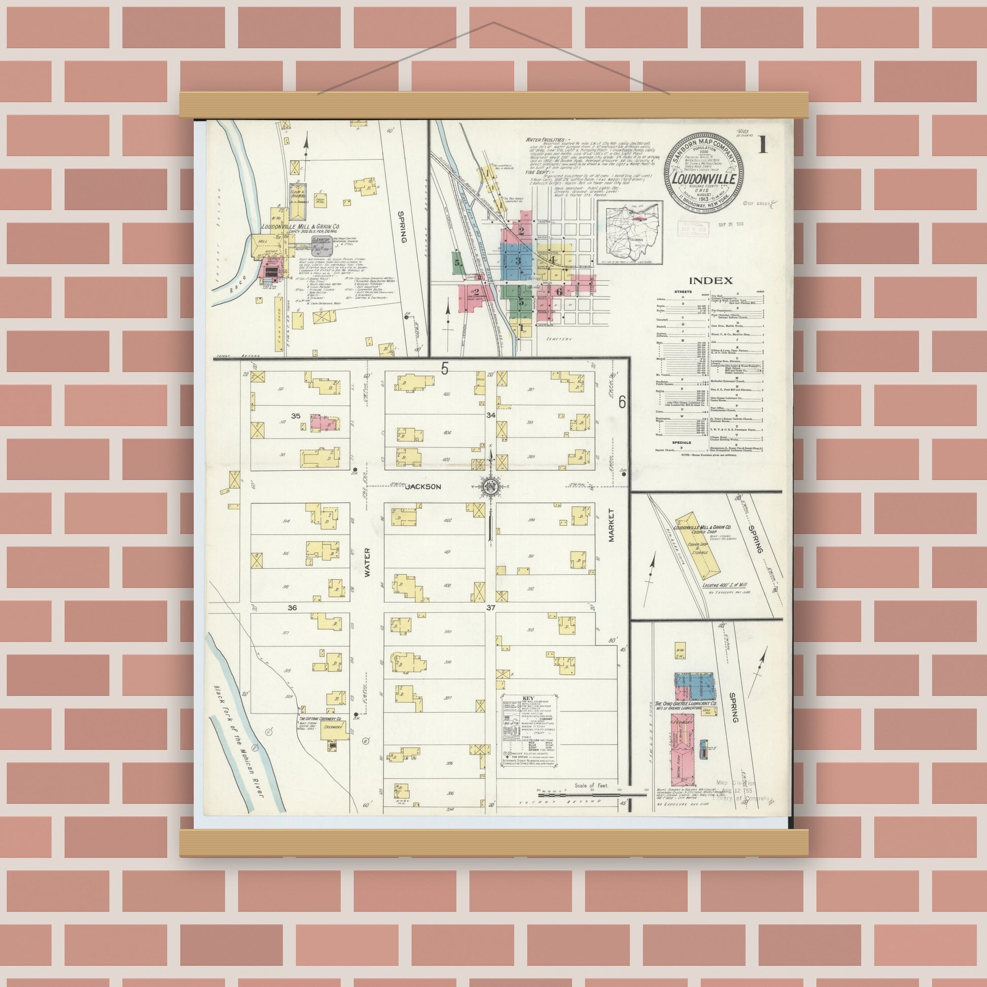Old map wall art mockup — magnetic wood frame on brick wall — Sanborn Fire Insurance Map from Loudonville, Ashland County, Ohio (1913) - Complete Map Set