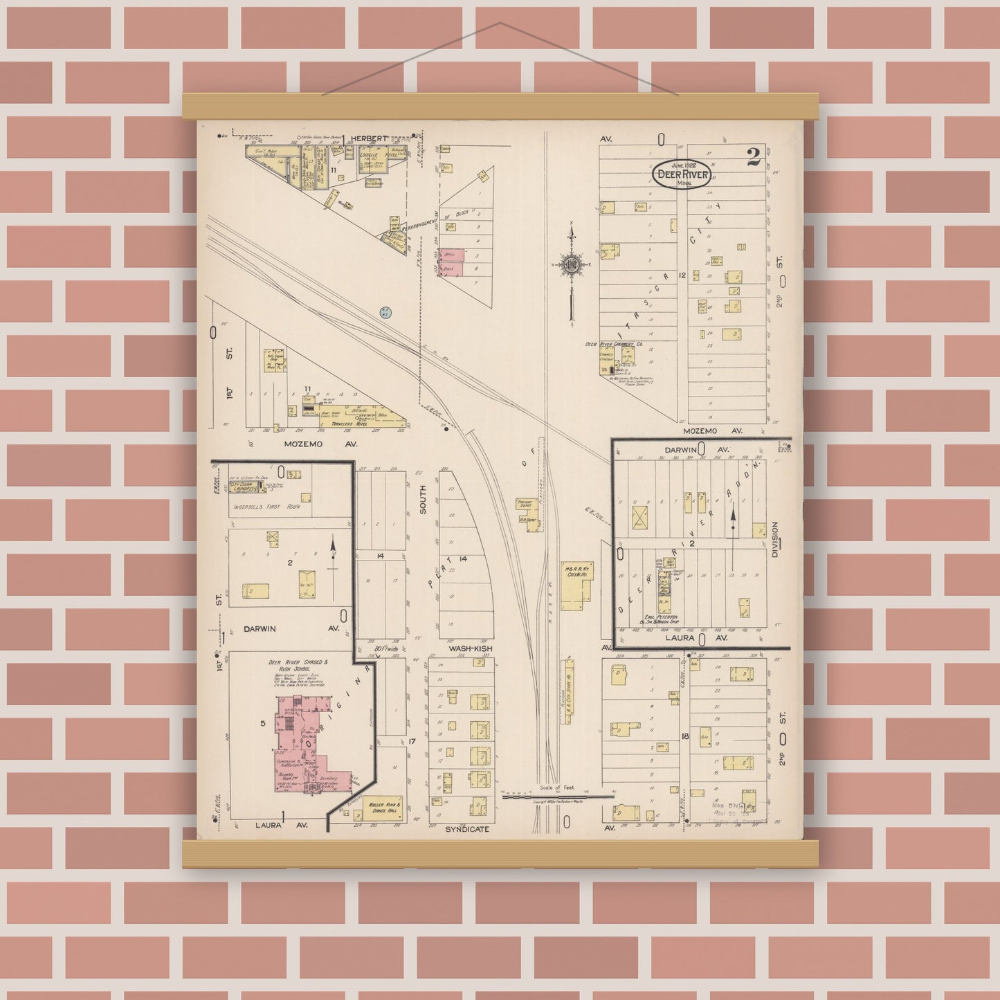 Old map wall art mockup — magnetic wood frame on brick wall — Sanborn Fire Insurance Map from Deer River, Itasca County, Minnesota (1922), Sheet #0002