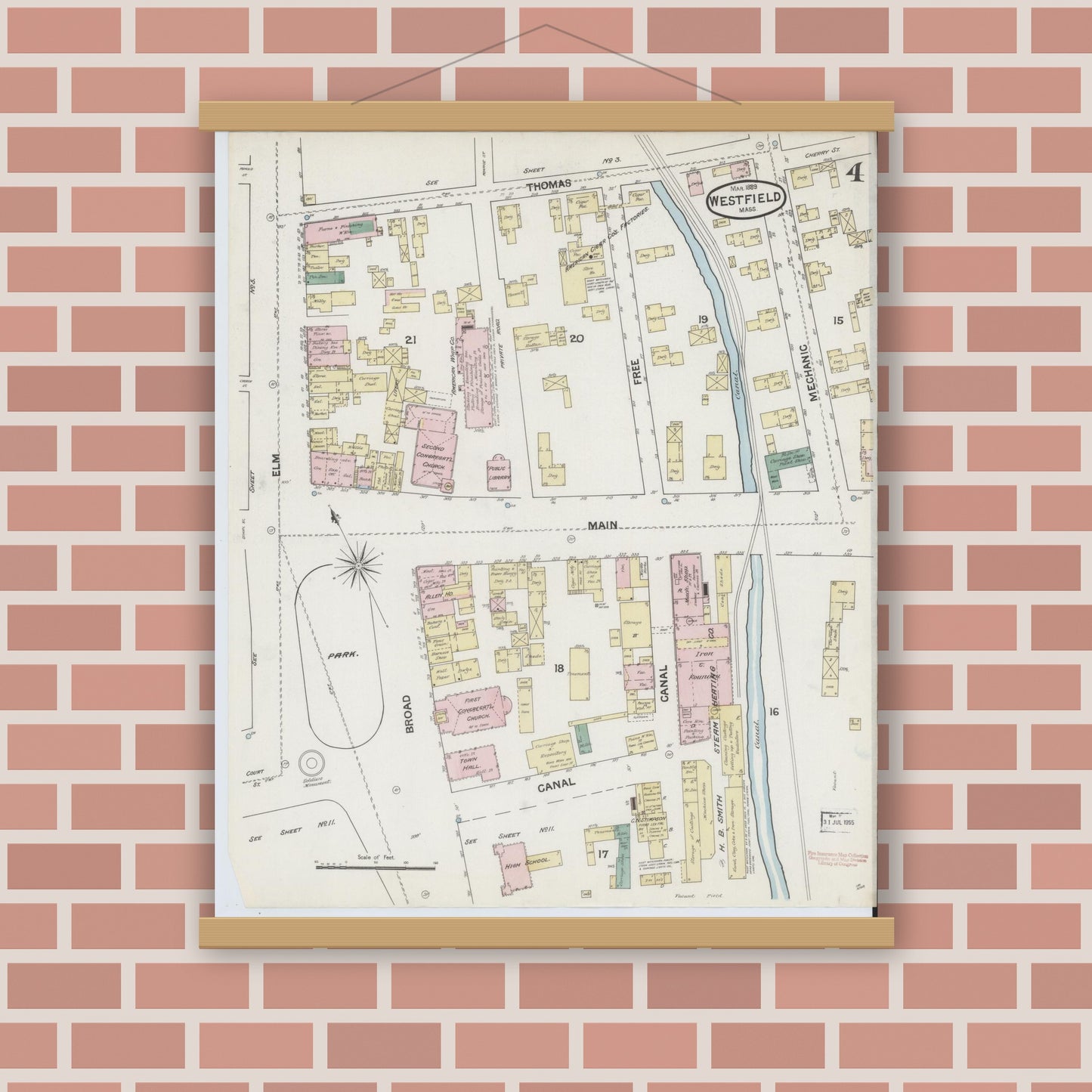 Old map wall art mockup — magnetic wood frame on brick wall — Sanborn Fire Insurance Map from Westfield, Hampden County, Massachusetts (1889), Sheet #0004