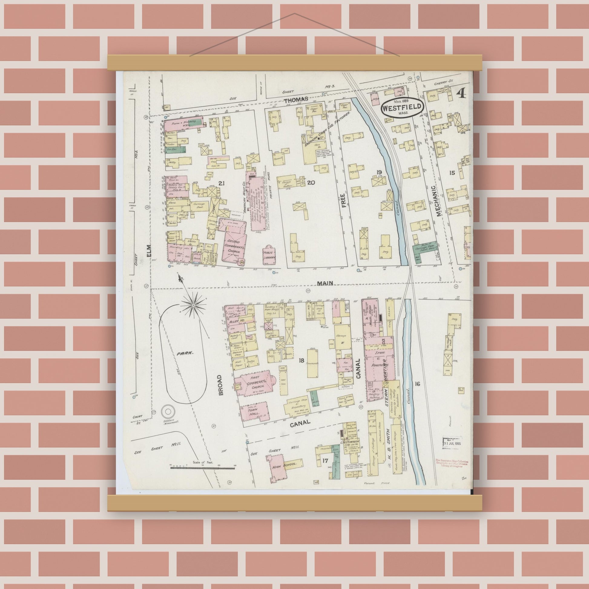 Old map wall art mockup — magnetic wood frame on brick wall — Sanborn Fire Insurance Map from Westfield, Hampden County, Massachusetts (1889), Sheet #0004
