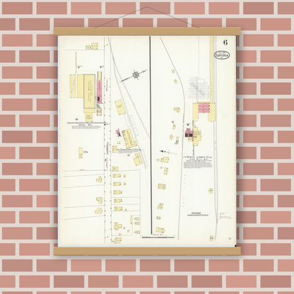 Old map wall art mockup — magnetic wood frame on brick wall — Sanborn Fire Insurance Map from Emporia, Independent Cities, Virginia (1913), Sheet #0006