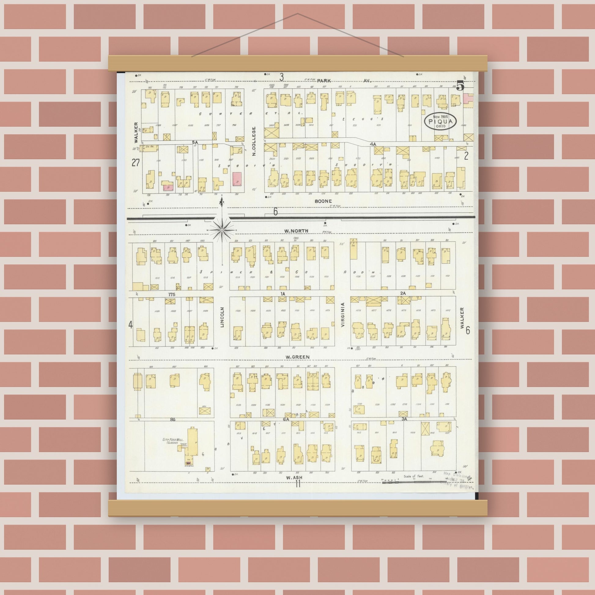 Old map wall art mockup — magnetic wood frame on brick wall — Sanborn Fire Insurance Map from Piqua, Miami County, Ohio (1905), Sheet #0005