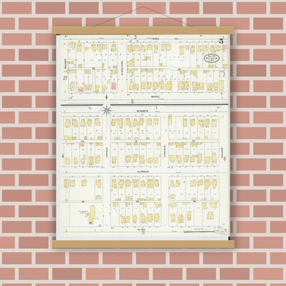 Old map wall art mockup — magnetic wood frame on brick wall — Sanborn Fire Insurance Map from Piqua, Miami County, Ohio (1905), Sheet #0005