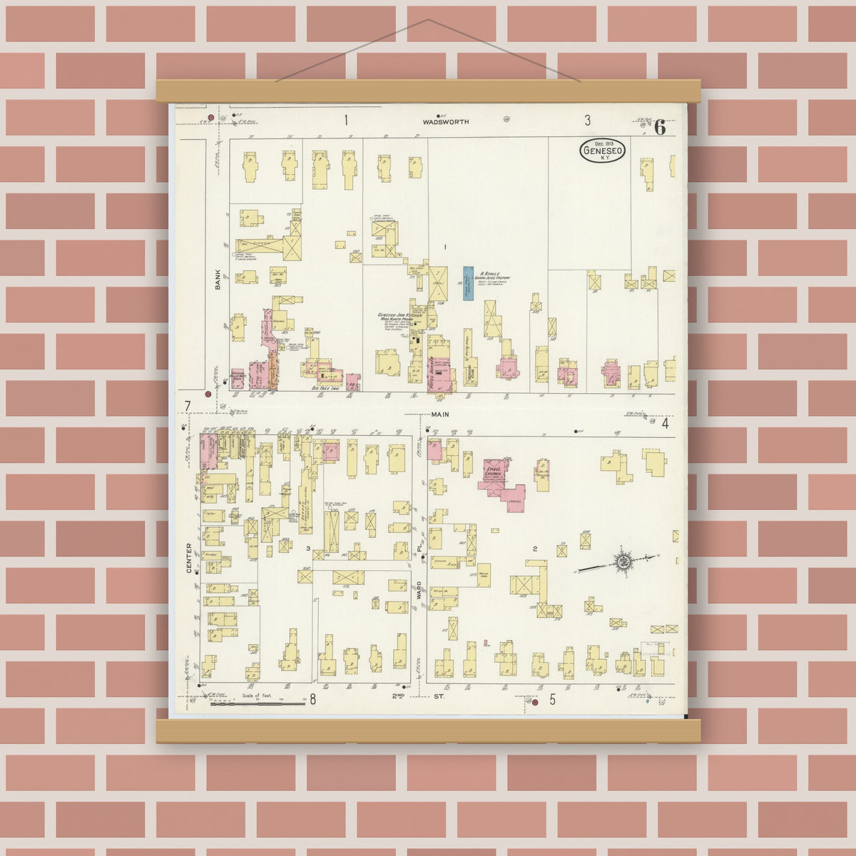 Old map wall art mockup — magnetic wood frame on brick wall — Sanborn Fire Insurance Map from Geneseo, Livingston County, New York (1913), Sheet #0006