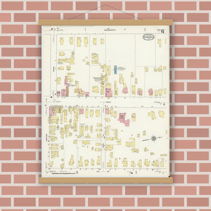 Old map wall art mockup — magnetic wood frame on brick wall — Sanborn Fire Insurance Map from Geneseo, Livingston County, New York (1913), Sheet #0006