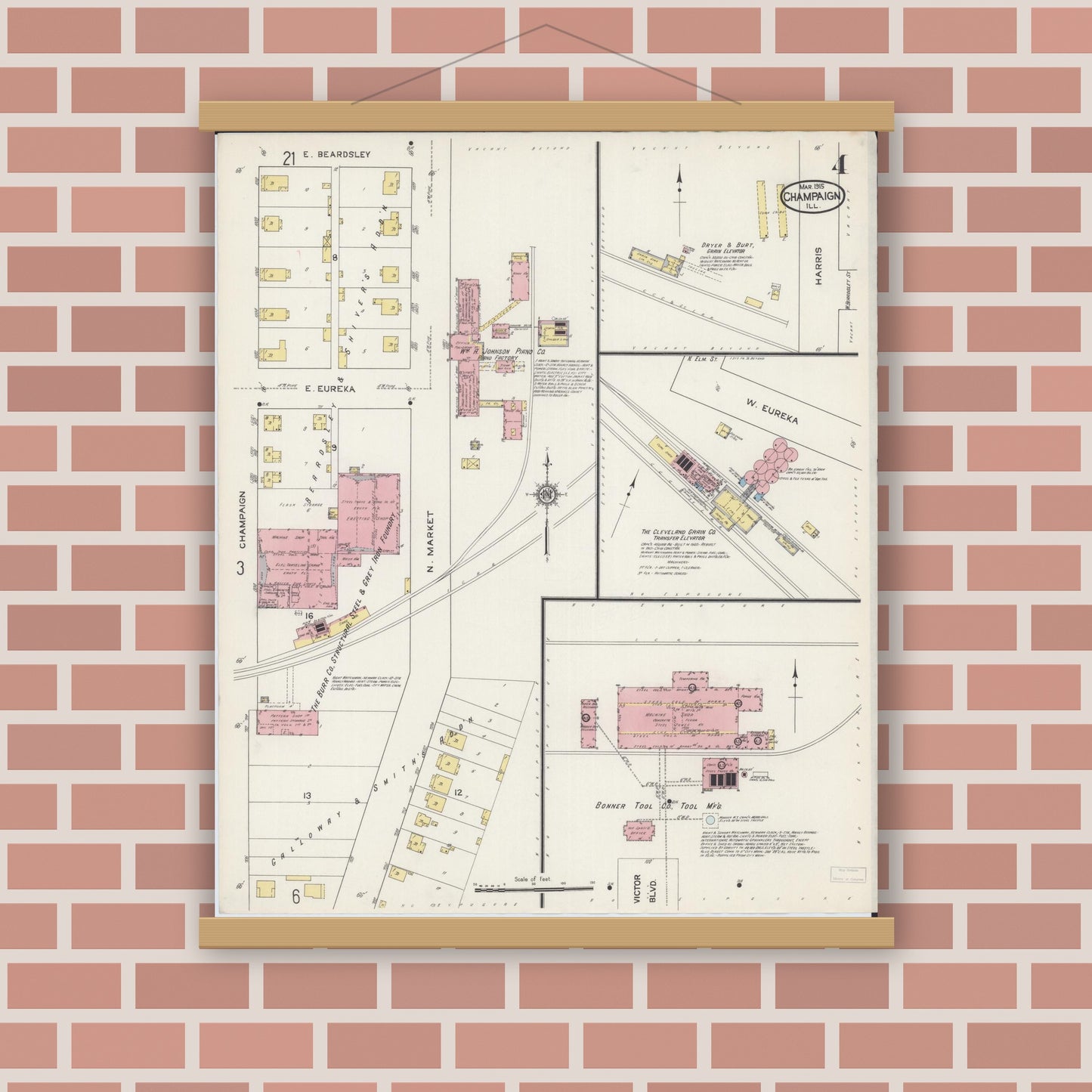 Old map wall art mockup — magnetic wood frame on brick wall — Sanborn Fire Insurance Map from Champaign, Champaign County, Illinois (1915), Sheet #0004