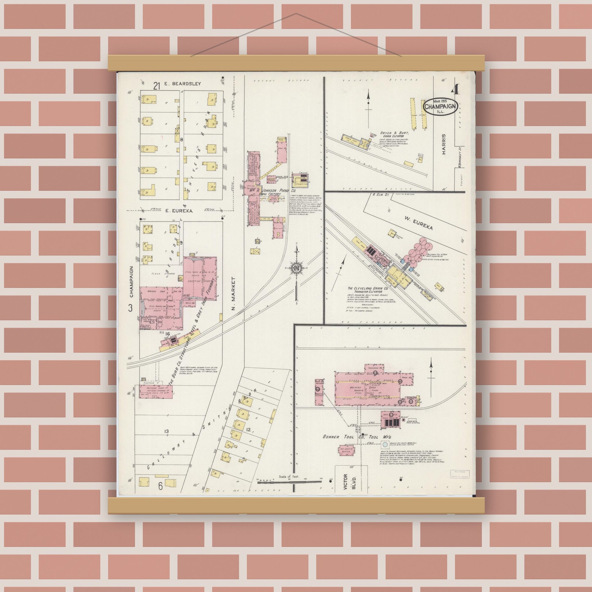 Old map wall art mockup — magnetic wood frame on brick wall — Sanborn Fire Insurance Map from Champaign, Champaign County, Illinois (1915), Sheet #0004