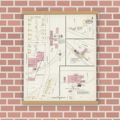 Old map wall art mockup — magnetic wood frame on brick wall — Sanborn Fire Insurance Map from Champaign, Champaign County, Illinois (1915), Sheet #0004