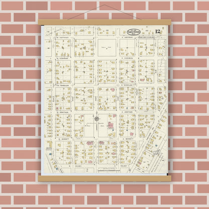 Old map wall art mockup — magnetic wood frame on brick wall — Sanborn Fire Insurance Map from Three Rivers, Saint Joseph County, Michigan (1916), Sheet #0012