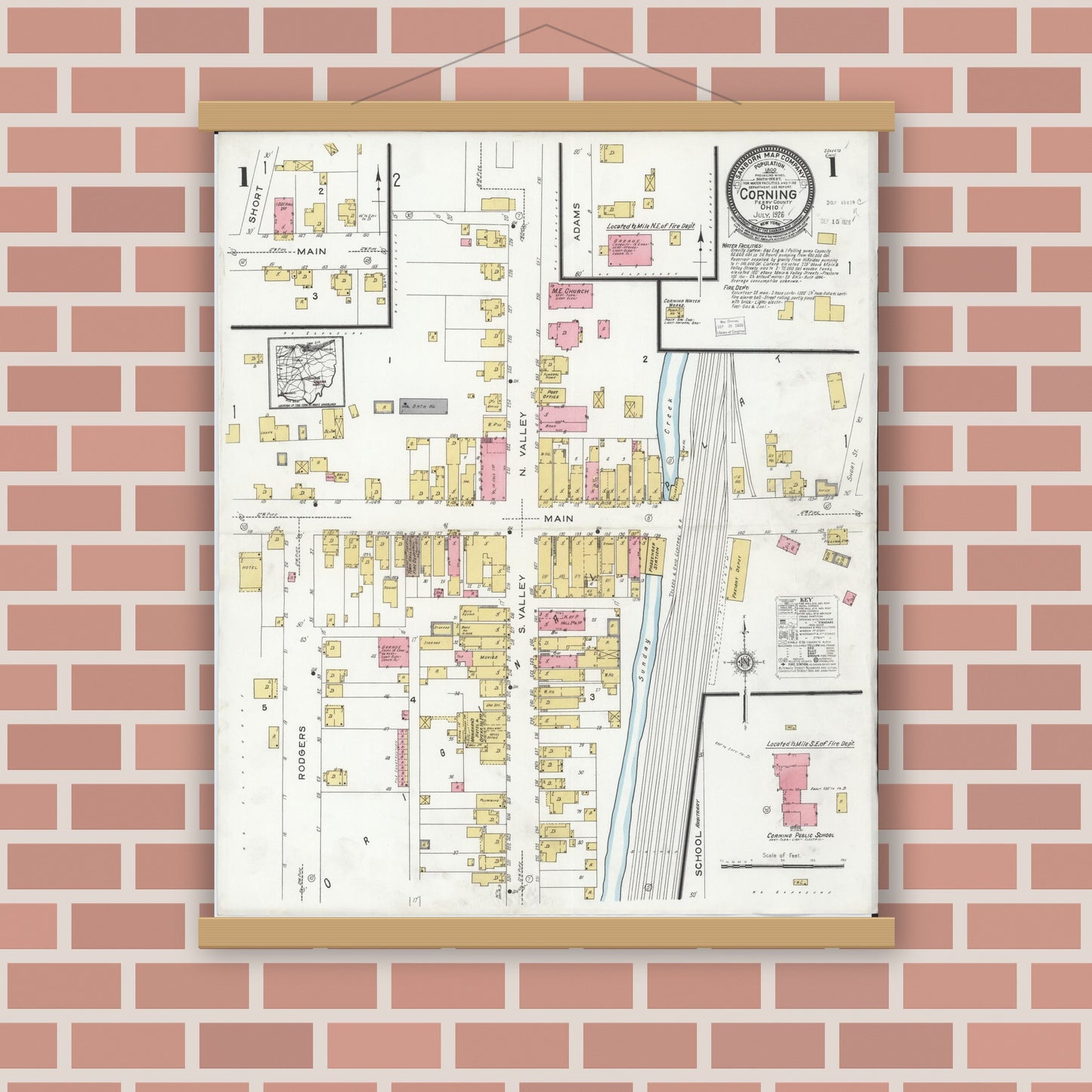 Old map wall art mockup — magnetic wood frame on brick wall — Sanborn Fire Insurance Map from Corning, Perry County, Ohio (1926) - Complete Map Set