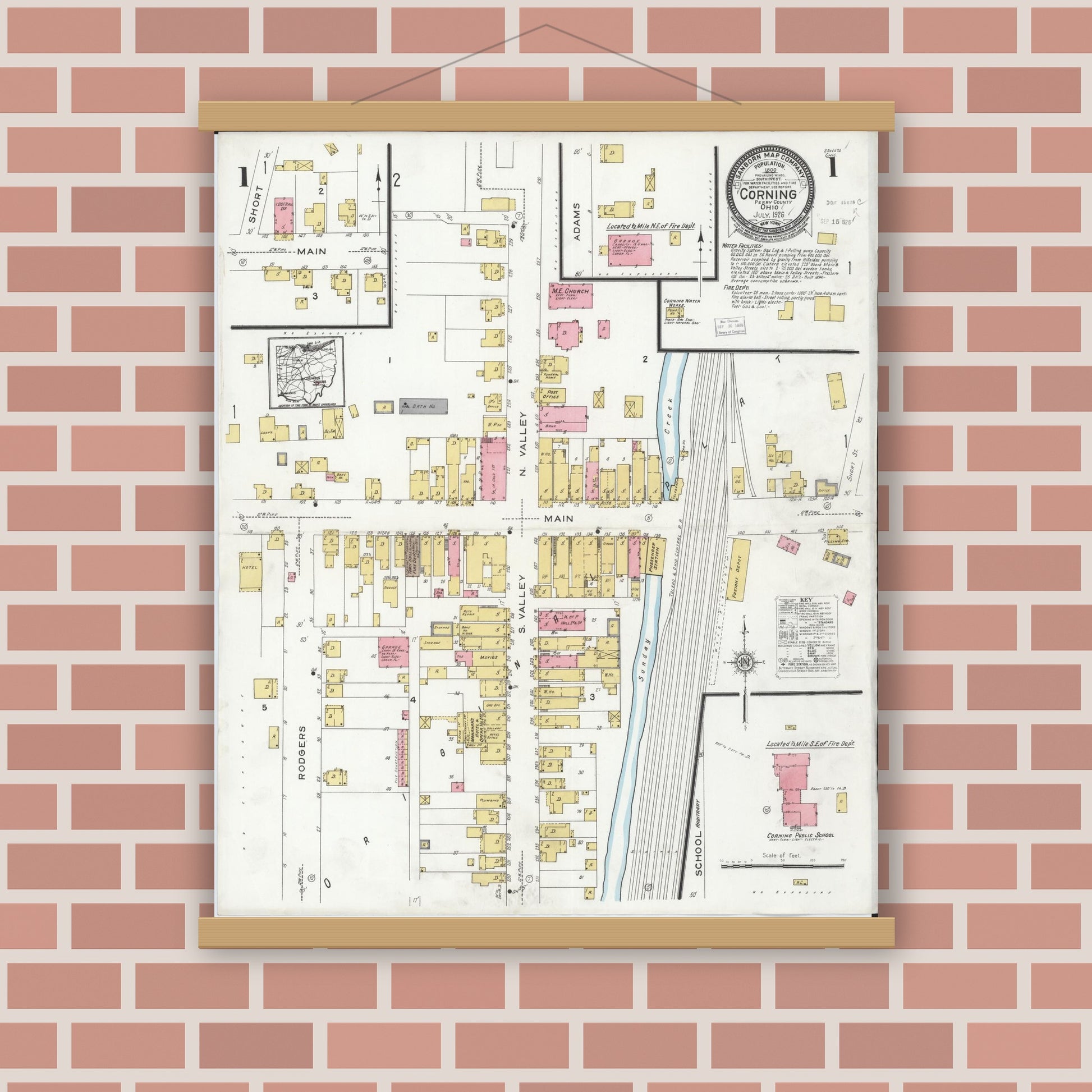 Old map wall art mockup — magnetic wood frame on brick wall — Sanborn Fire Insurance Map from Corning, Perry County, Ohio (1926) - Complete Map Set