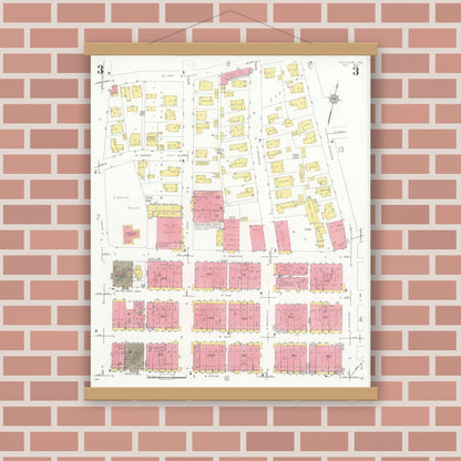 Old map wall art mockup — magnetic wood frame on brick wall — Sanborn Fire Insurance Map from Palestine, Anderson County, Texas (1935), Sheet #0003