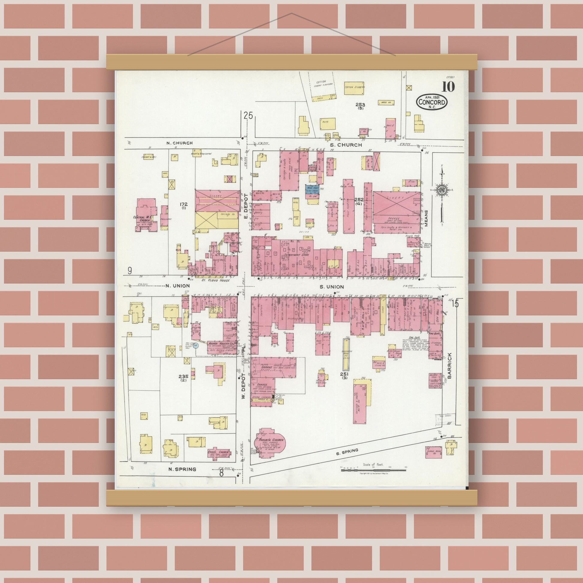 Old map wall art mockup — magnetic wood frame on brick wall — Sanborn Fire Insurance Map from Concord, Cabarrus County, North Carolina (1921), Sheet #0010