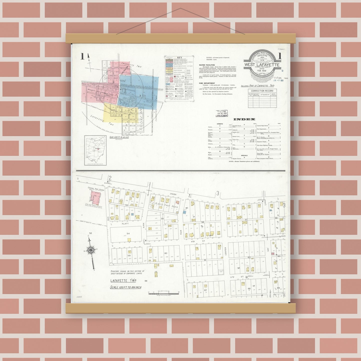 Old map wall art mockup — magnetic wood frame on brick wall — Sanborn Fire Insurance Map from West Lafayette, Coshocton County, Ohio (1939), Sheet #0001