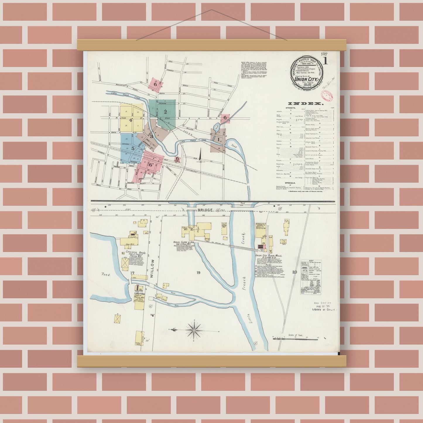 Old map wall art mockup — magnetic wood frame on brick wall — Sanborn Fire Insurance Map from Union City, Erie County, Pennsylvania (1895) - Complete Map Set