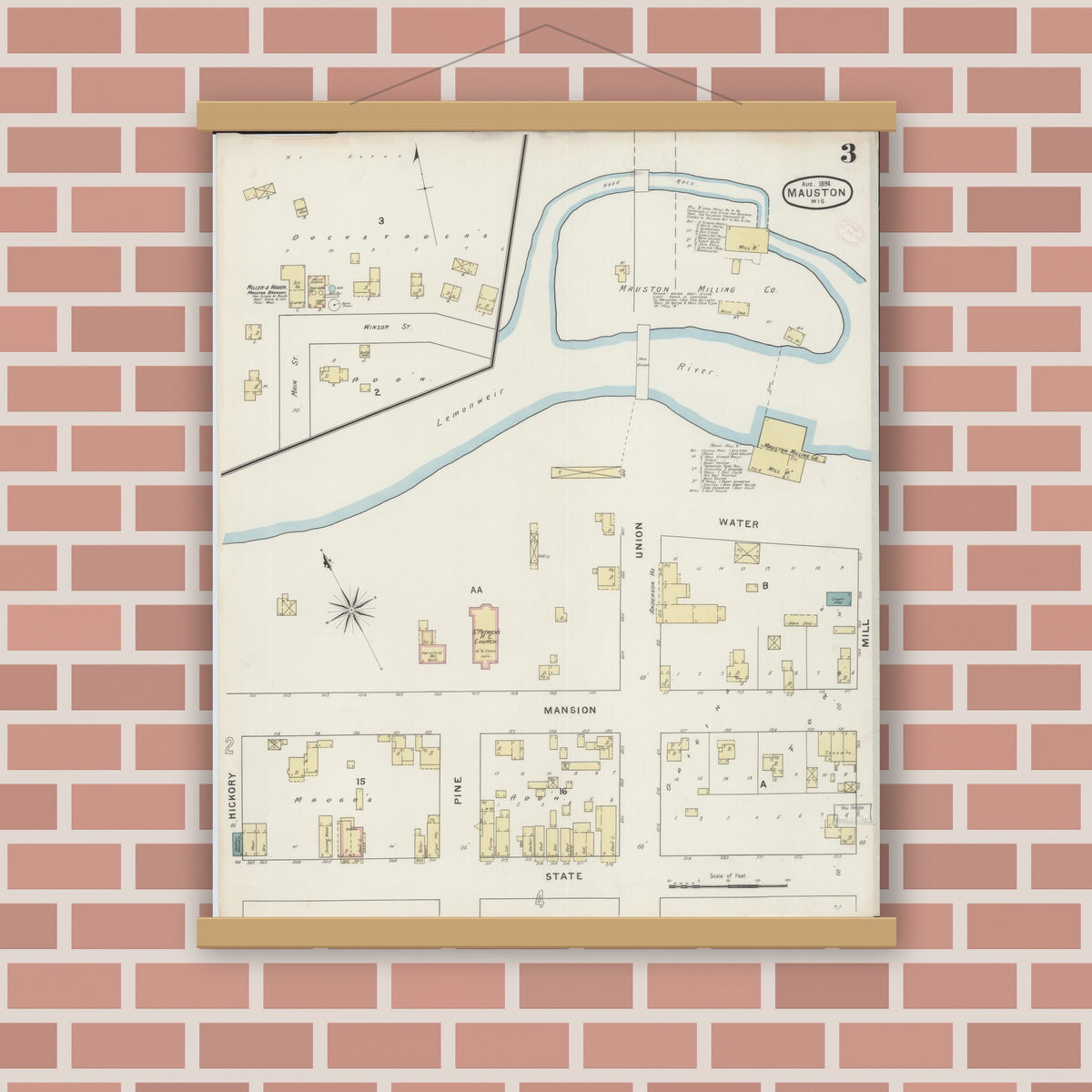 Old map wall art mockup — magnetic wood frame on brick wall — Sanborn Fire Insurance Map from Mauston, Juneau County, Wisconsin (1894), Sheet #0003