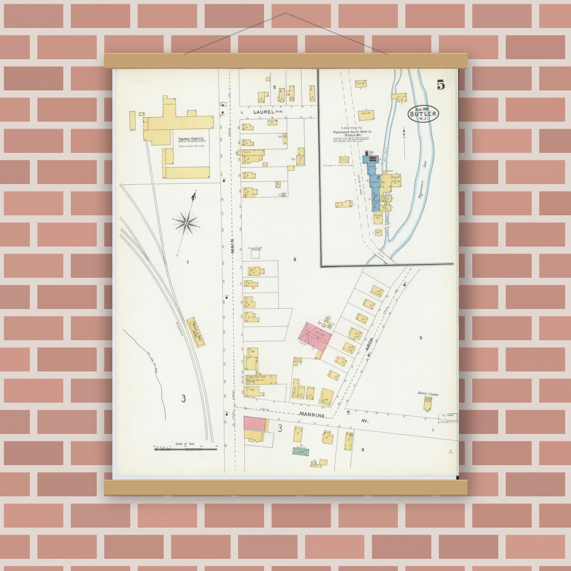 Old map wall art mockup — magnetic wood frame on brick wall — Sanborn Fire Insurance Map from Butler, Morris County, New Jersey (1905), Sheet #0005