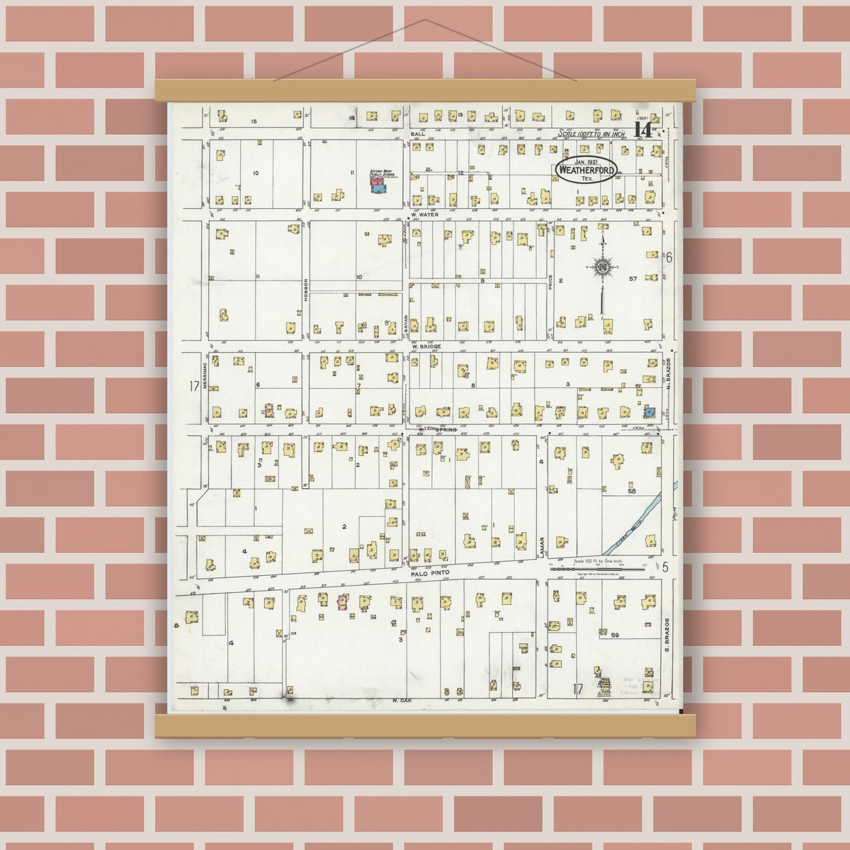 Old map wall art mockup — magnetic wood frame on brick wall — Sanborn Fire Insurance Map from Weatherford, Parker County, Texas (1921), Sheet #0014