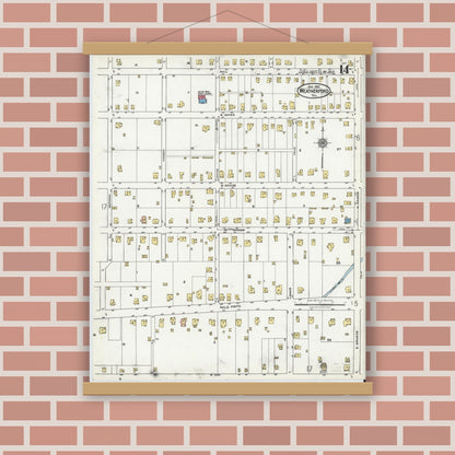 Old map wall art mockup — magnetic wood frame on brick wall — Sanborn Fire Insurance Map from Weatherford, Parker County, Texas (1921), Sheet #0014