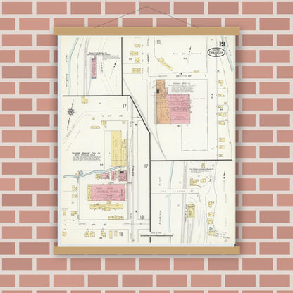 Old map wall art mockup — magnetic wood frame on brick wall — Sanborn Fire Insurance Map from Franklin, Venango County, Pennsylvania (1912), Sheet #0019