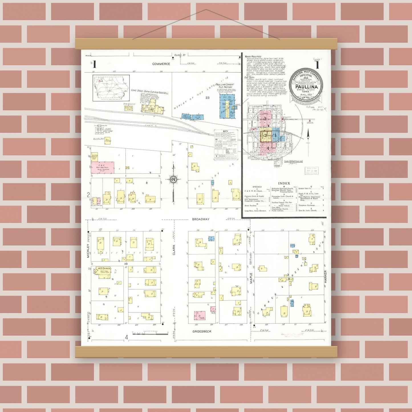 Old map wall art mockup — magnetic wood frame on brick wall — Sanborn Fire Insurance Map from Paullina, O'Brien County, Iowa (1931), Sheet #0001