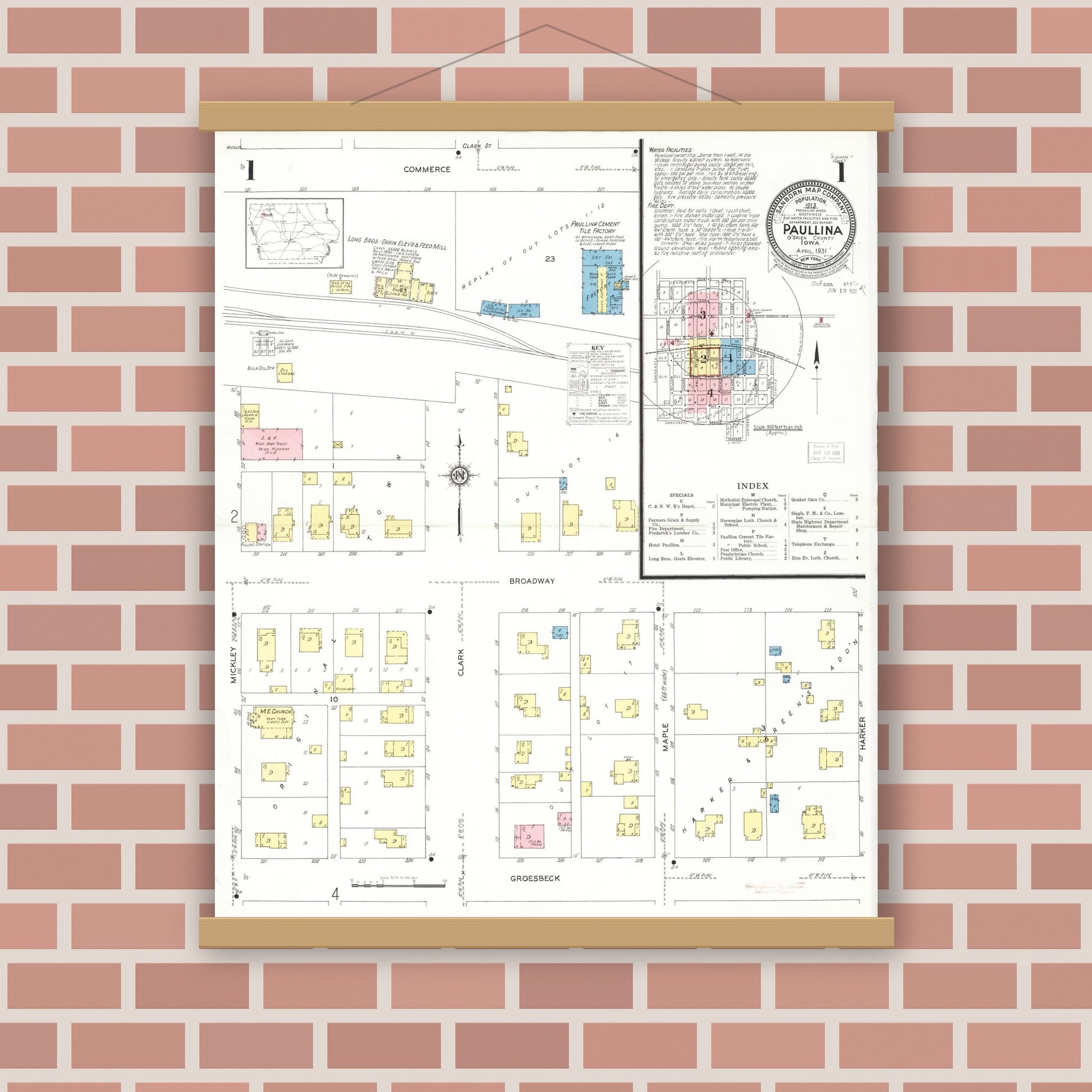 Old map wall art mockup — magnetic wood frame on brick wall — Sanborn Fire Insurance Map from Paullina, O'Brien County, Iowa (1931), Sheet #0001