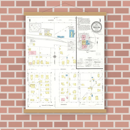 Old map wall art mockup — magnetic wood frame on brick wall — Sanborn Fire Insurance Map from Paullina, O'Brien County, Iowa (1931), Sheet #0001