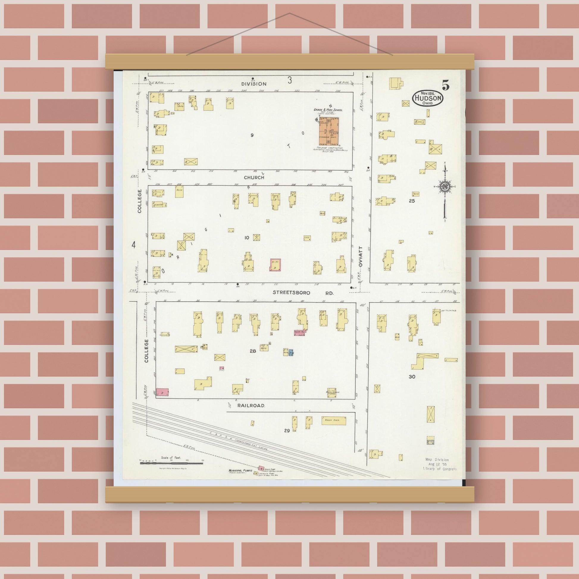 Old map wall art mockup — magnetic wood frame on brick wall — Sanborn Fire Insurance Map from Hudson, Summit County, Ohio (1916), Sheet #0005