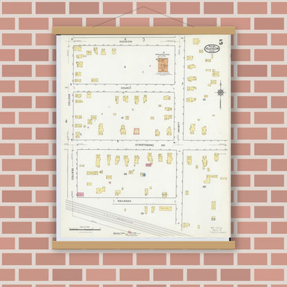 Old map wall art mockup — magnetic wood frame on brick wall — Sanborn Fire Insurance Map from Hudson, Summit County, Ohio (1916), Sheet #0005