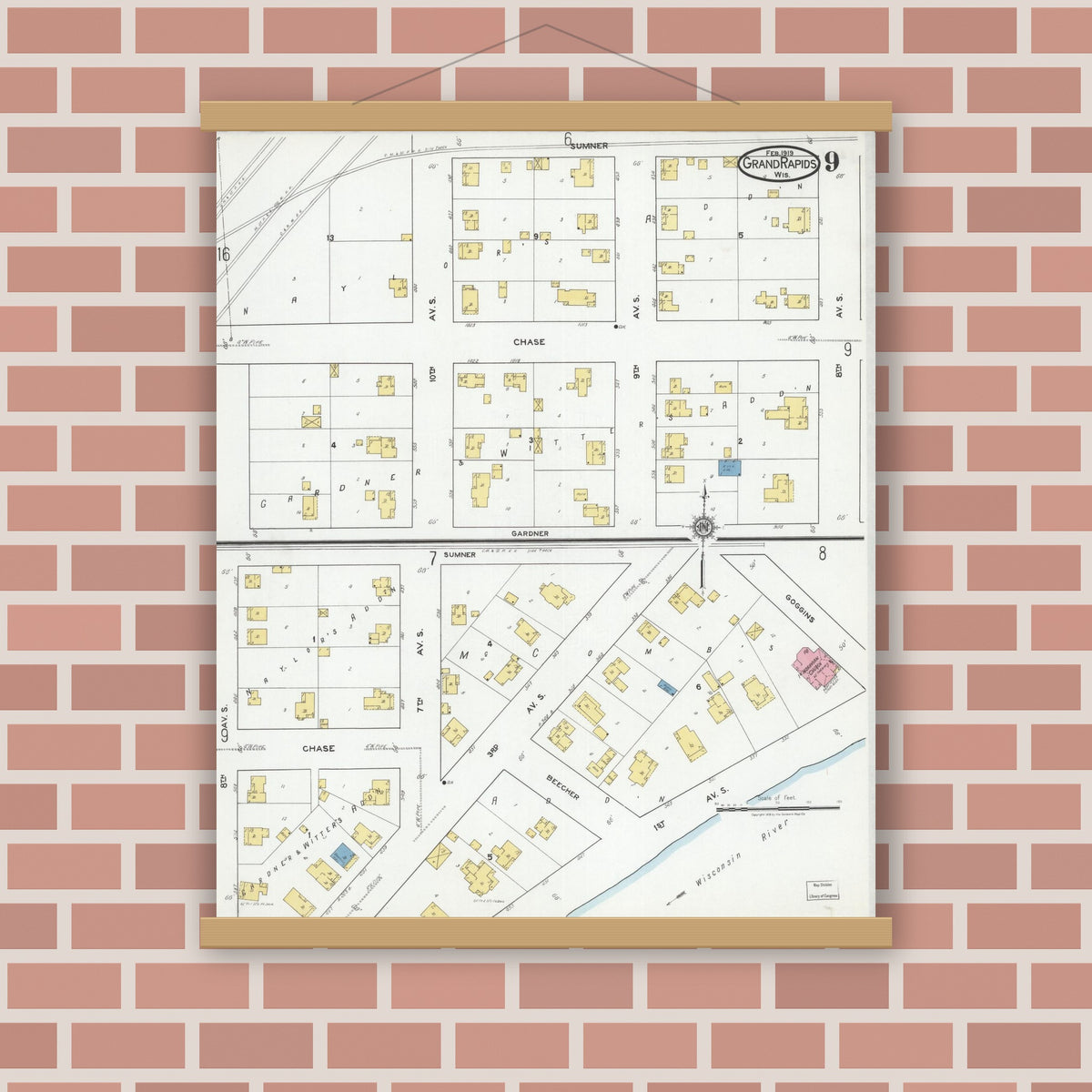 Old map wall art mockup — magnetic wood frame on brick wall — Sanborn Fire Insurance Map from Grand Rapids, Wood County, Wisconsin (1919), Sheet #0009