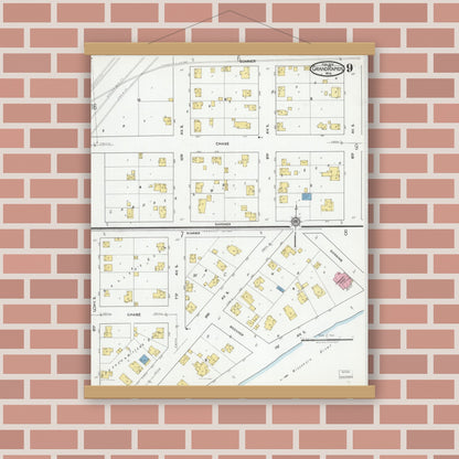 Old map wall art mockup — magnetic wood frame on brick wall — Sanborn Fire Insurance Map from Grand Rapids, Wood County, Wisconsin (1919), Sheet #0009