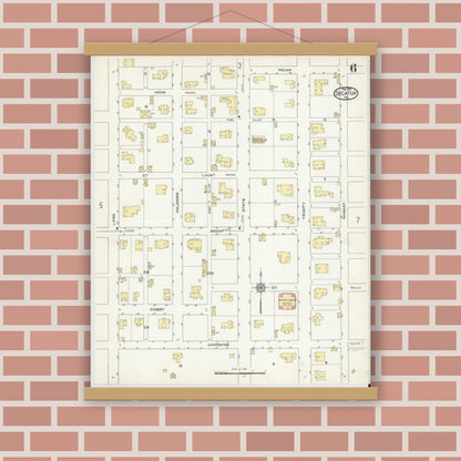 Old map wall art mockup — magnetic wood frame on brick wall — Sanborn Fire Insurance Map from Decatur, Wise County, Texas (1914), Sheet #0006