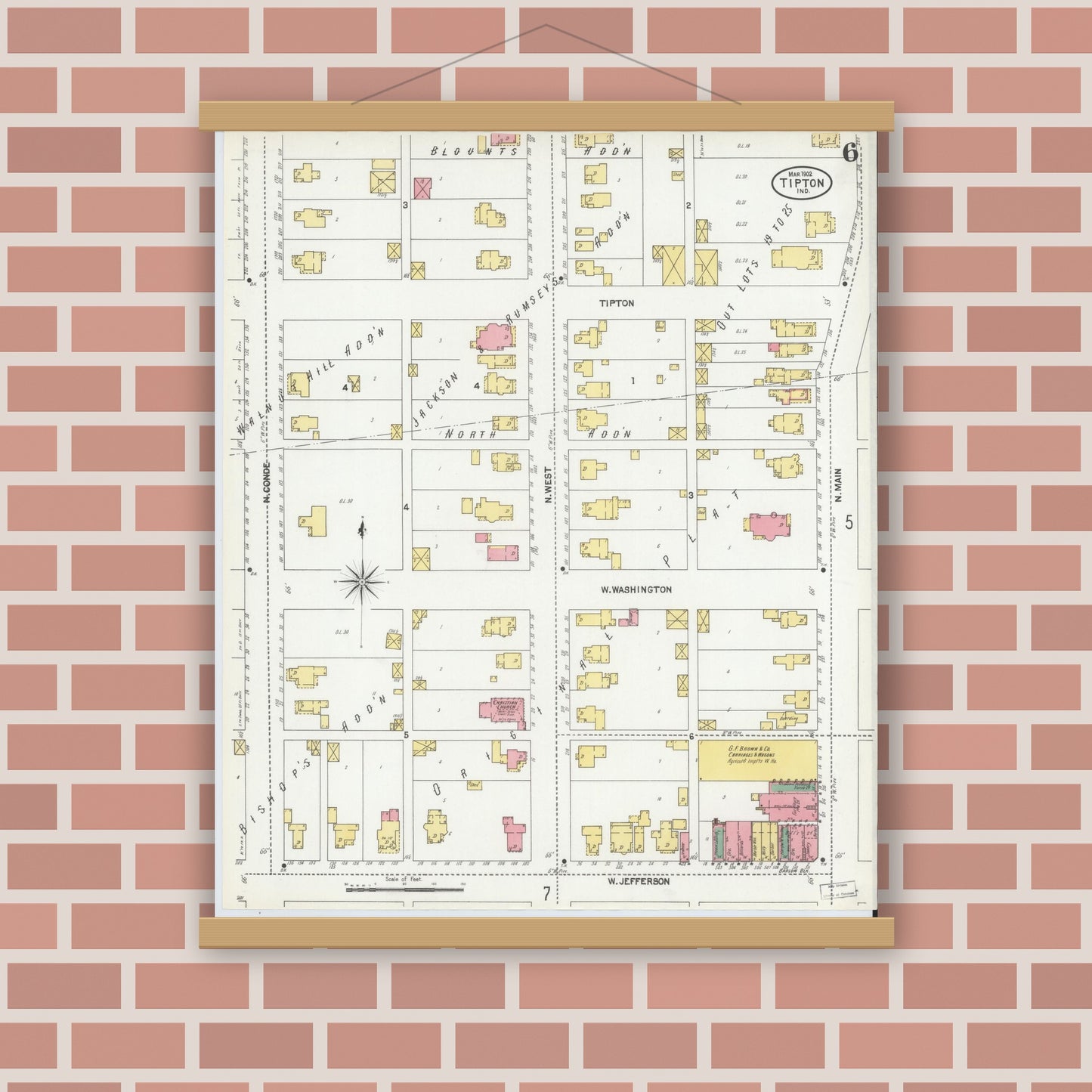 Old map wall art mockup — magnetic wood frame on brick wall — Sanborn Fire Insurance Map from Tipton, Tipton County, Indiana (1902), Sheet #0006