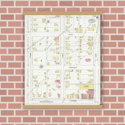 Old map wall art mockup — magnetic wood frame on brick wall — Sanborn Fire Insurance Map from Tipton, Tipton County, Indiana (1902), Sheet #0006