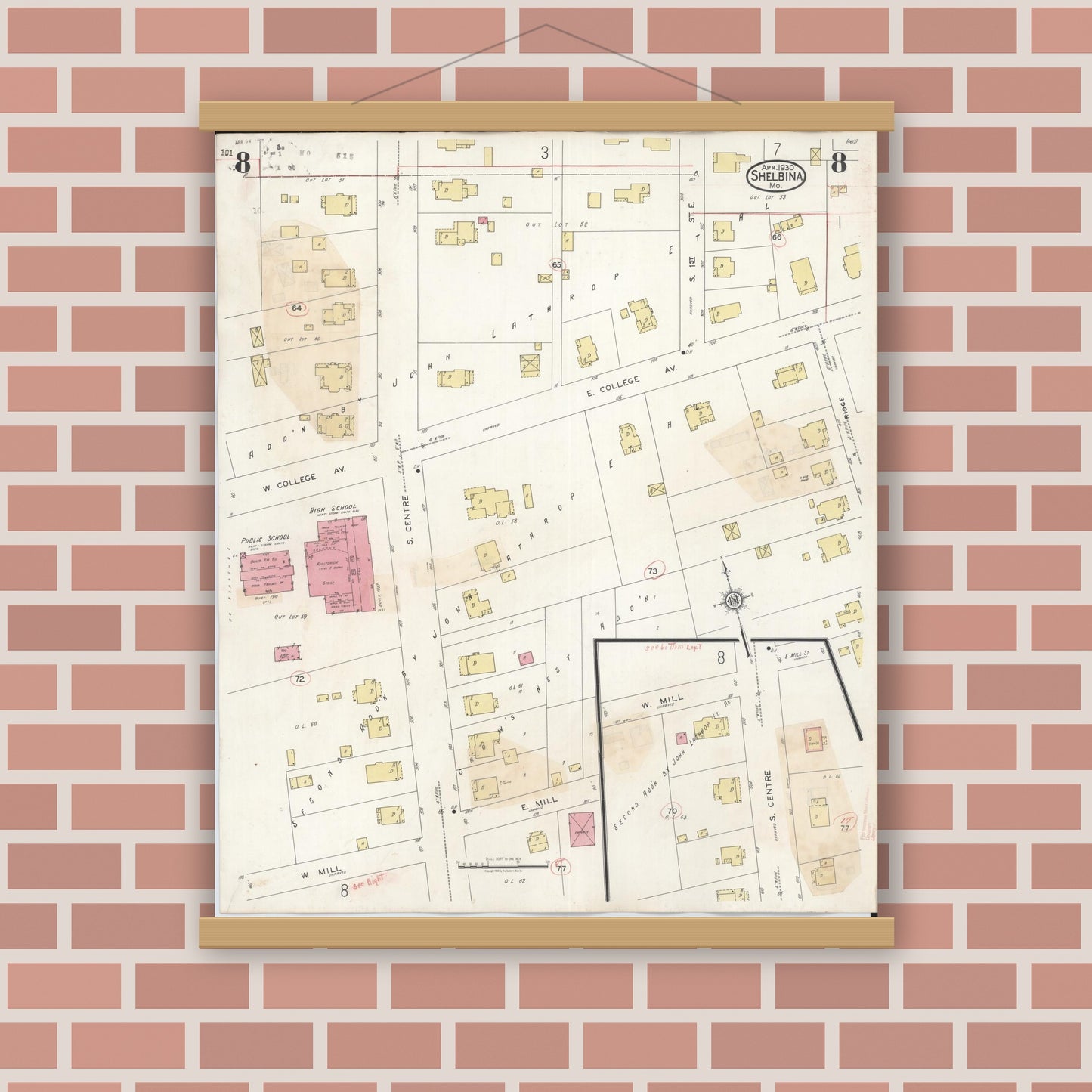 Old map wall art mockup — magnetic wood frame on brick wall — Sanborn Fire Insurance Map from Shelbina, Shelby County, Missouri (1943), Sheet #0008