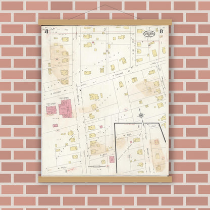 Old map wall art mockup — magnetic wood frame on brick wall — Sanborn Fire Insurance Map from Shelbina, Shelby County, Missouri (1943), Sheet #0008
