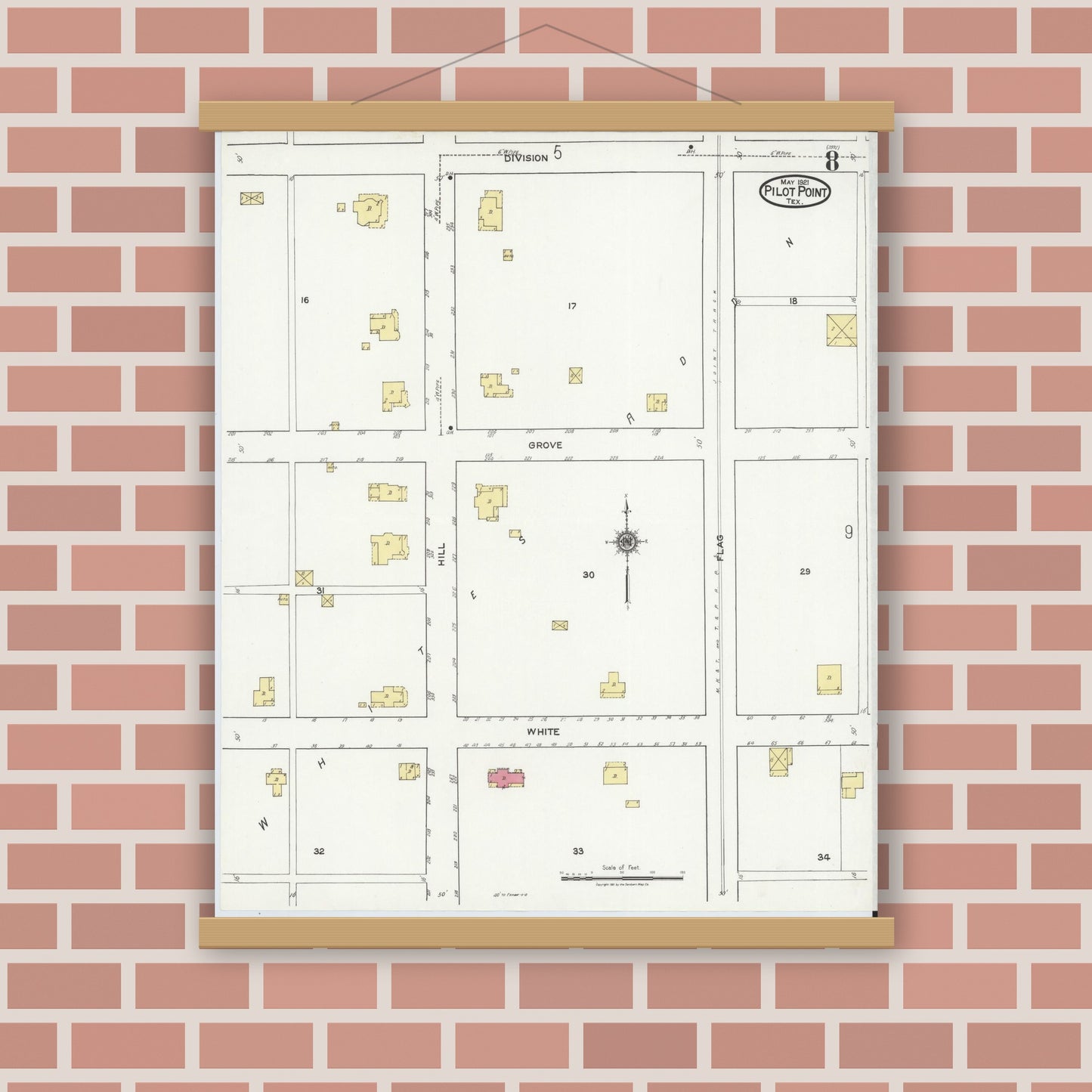 Old map wall art mockup — magnetic wood frame on brick wall — Sanborn Fire Insurance Map from Pilot Point, Denton County, Texas (1921), Sheet #0008
