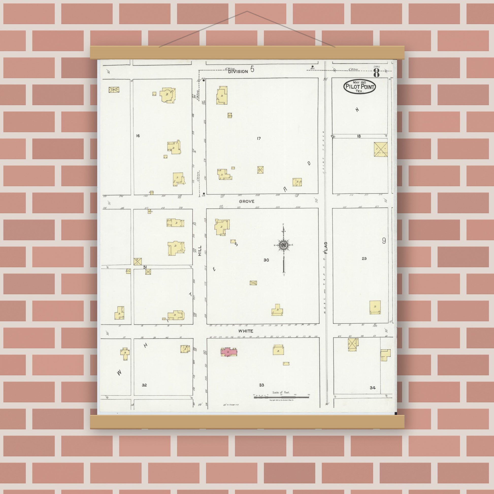 Old map wall art mockup — magnetic wood frame on brick wall — Sanborn Fire Insurance Map from Pilot Point, Denton County, Texas (1921), Sheet #0008