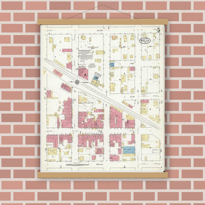 Old map wall art mockup — magnetic wood frame on brick wall — Sanborn Fire Insurance Map from Rolla, Phelps County, Missouri (1917), Sheet #0005