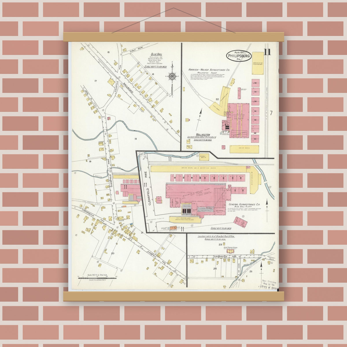 Old map wall art mockup — magnetic wood frame on brick wall — Sanborn Fire Insurance Map from Philipsburg, Centre County, Pennsylvania (1917), Sheet #0011