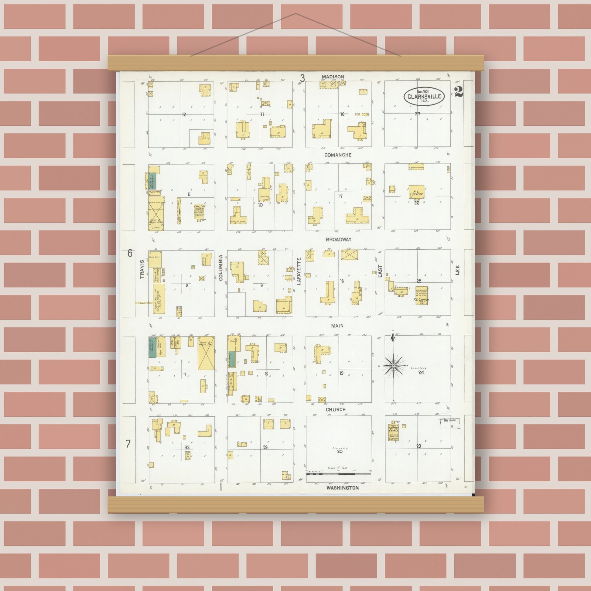 Old map wall art mockup — magnetic wood frame on brick wall — Sanborn Fire Insurance Map from Clarksville, Red River County, Texas (1901), Sheet #0002