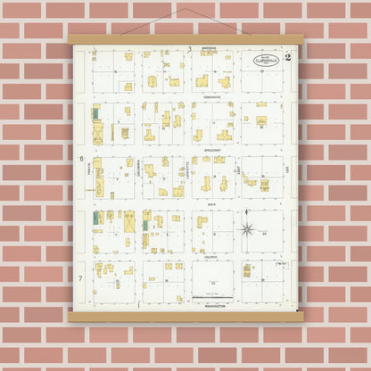 Old map wall art mockup — magnetic wood frame on brick wall — Sanborn Fire Insurance Map from Clarksville, Red River County, Texas (1901), Sheet #0002