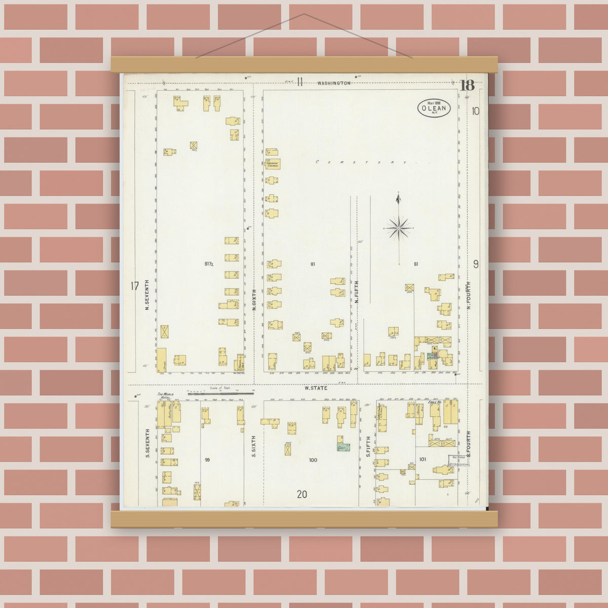 Old map wall art mockup — magnetic wood frame on brick wall — Sanborn Fire Insurance Map from Olean, Cattaraugus County, New York (1898), Sheet #0018